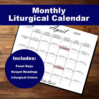 Preview of Printable 2024 Monthly Liturgical Calendar, April, 8.5 x 11, Landscape, Download