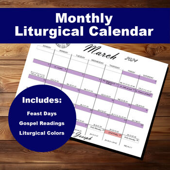 Preview of Printable 2024 Monthly Liturgical Calendar, March, 8.5 x 11, Landscape, Download