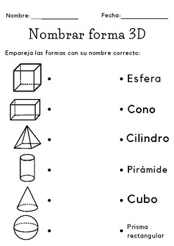 Preview of Printable 3d shapes naming worksheet en español - Nomenclatura de formas 3D