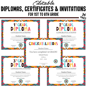 Preview of Printable 8th Grade Diplomas, Editable 1st-8th Grade Certificates, Invitations
