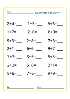 Printable Addition TImed Test Worksheet by Amesh Manura | TPT