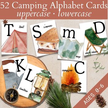 Preview of Camping Theme Decor Printable Alphabet Cards, ABC Lower Case Letters Flashcards