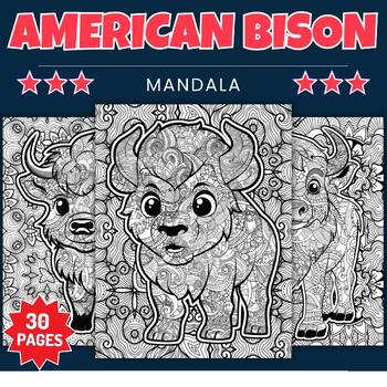Preview of Printable American Bison Mandala Coloring Pages -Fun American Animals Activities