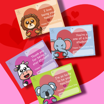 Preview of Printable Animal Valentine's Day Cards - From Teacher to Student ❤️ English