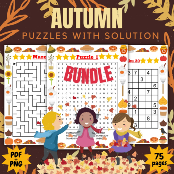 Preview of Printable Autumn Fall Puzzles With Solutions - Bundle November Brain Games