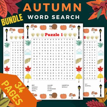 Preview of Printable Autumn Fall word search Worksheets With Solutions - Bundle