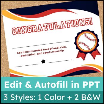 Preview of Printable Baseball Awards Certificates - Edit Template & Autofill Names in PPT