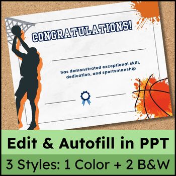 Preview of Printable Basketball Awards Certificates - Edit Template & Autofill Names in PPT