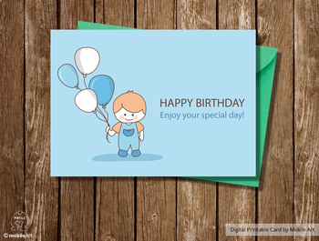 Preview of Printable Birthday Card, boy with balloons card