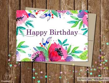 Preview of Printable Birthday Card,flowers Birthday Card, girls Birthday Card, Printable f
