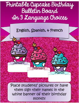 Printable Birthday Cupcake Bulletin Board- English, Spanish, French