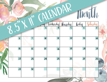 Preview of Printable Blank Monthly Calendar - Watercolor Peach Floral Green Foliage