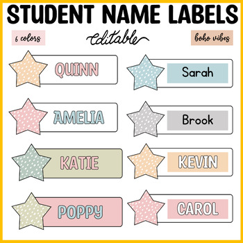 Printable Boho Neutral Spotty Star Student Name Labels, Editable Name Cards