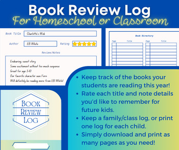 Preview of Printable Book Review Log for Homeschool or Classroom