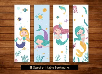 Preview of Printable Bookmarks Template, mermaids Bookmarks, Printable Bookmarks Set ,book