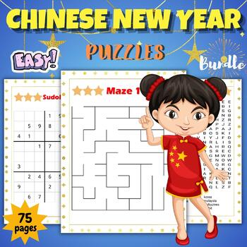 Preview of Printable Chinese New Year Easy Puzzles With Solution - Fun January Games Bundle