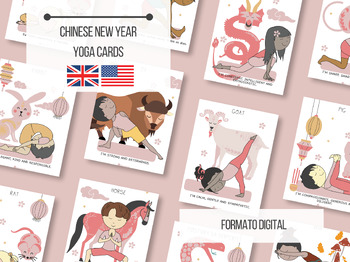 Preview of Printable Chinese New Year yoga cards for kids - 12 asanas with animals and affi