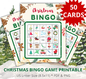 Preview of Printable Christmas Bingo Game, 50 Bingo Cards, Classroom Game, Family Game