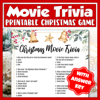 Printable Christmas Movie Trivia Game, Christmas Trivia Game No Prep