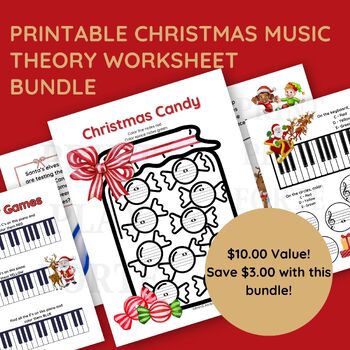 Preview of Printable Christmas Music Theory Worksheet Bundle, Piano Music Lesson Worksheets