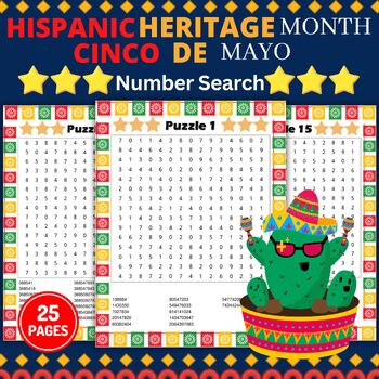 Preview of Cinco De Mayo & National Hispanic Heritage Number Search Puzzles With Solutions