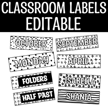 Preview of Printable Classroom Labels, Black and White Student Name Tags, Editable