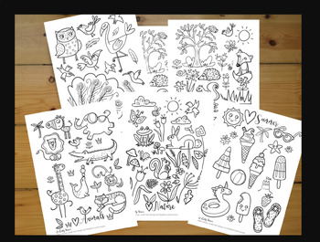 Preview of Printable Colouring Sheets, instant download, 5 x fun animals, birds, nature, sp
