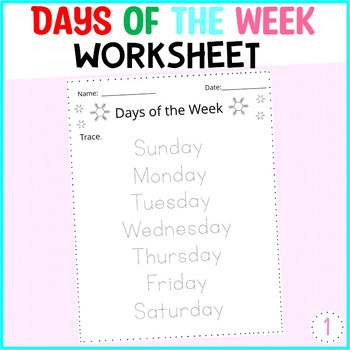 Preview of Printable Days of the Week Tracing Activity, Winter Worksheet, Back to School