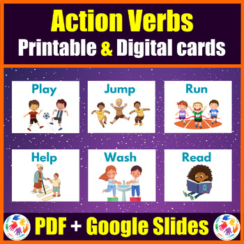 Preview of Printable & Digital Action Verbs Vocabulary Cards - PDF + Google Slides