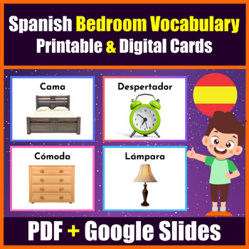 Preview of Printable & Digital Bedroom Vocabulary Flashcard in Spanish -PDF + Google Slides