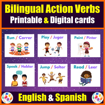 Preview of Printable & Digital Bilingual ( English & Spanish ) Action Verbs - Google Slides