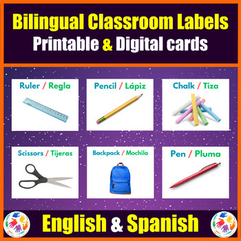 Preview of Printable & Digital Bilingual Spanish & English Classroom Labels - Google Slides