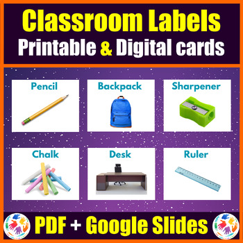Preview of Printable & Digital Classroom Labels Vocabulary Flashcard - PDF + Google Slides