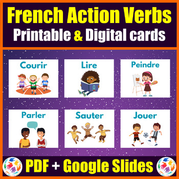 Preview of Printable & Digital French Action Verbs Vocabulary Cards - PDF + Google Slides