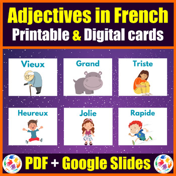 Preview of Printable & Digital French Adjectives Vocabulary Cards - PDF + Google Slides