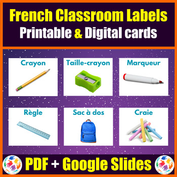 Preview of Printable & Digital French Classroom Labels Flashcard - PDF + Google Slides