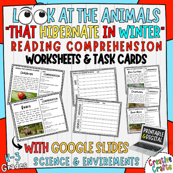 Preview of Printable & Digital Reading Task Cards about Animals that Hibernate in Winter