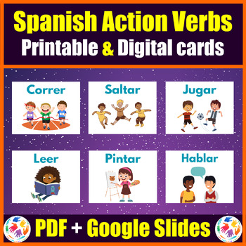 Preview of Printable & Digital Spanish Action Verbs Vocabulary Cards - PDF + Google Slides