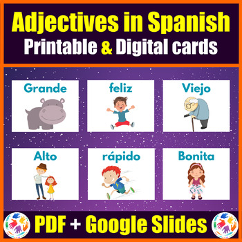Preview of Printable & Digital Spanish Adjectives Vocabulary Cards - PDF + Google Slides
