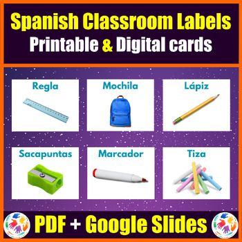 Preview of Printable & Digital Spanish Classroom Labels Flashcard - PDF + Google Slides