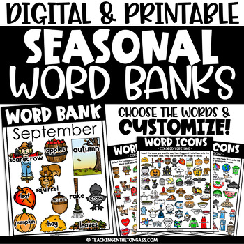Preview of Writing Word Bank Wall Seasonal Holiday Posters Spring Summer Fall Winter