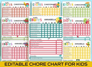 Preview of Printable & Editable Summer Chore Chart for Kids: Keep Them Organized & Motivate