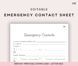 Editable Emergency Contact Sheet | Caregiver, Nanny, Babys