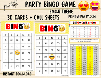 Preview of Printable Emoji Bingo Set 30 Cards and call sheets