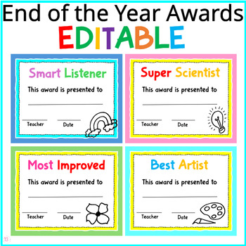 Preview of Printable End of the Year Awards, Editable Bright End of the Year Awards