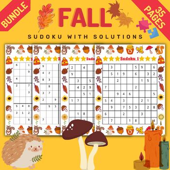 Preview of Printable Fall Autumn Easy Sudoku Puzzles With Solutions - Bundle