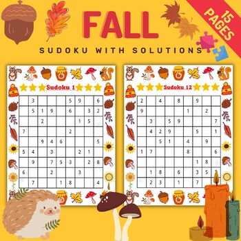 Preview of Printable Fall Autumn Easy Sudoku Puzzles With Solutions - Fun Games