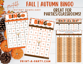 Preview of Printable Fall Autumn Pumpkin Bingo Game for classroom Q40 with call sheets