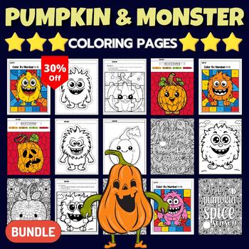 Preview of Printable Fall Pumpkin & Monsters Coloring Pages - Fun October Activities BUNDLE