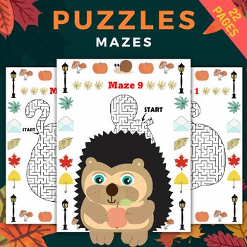 Preview of Printable Fall Spooky Puzzles Mazes With Solutions - October Games Activities
